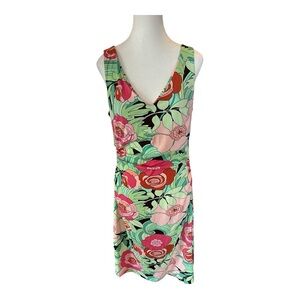 Vintage Y2K BCBG Floral Ruched V-Neck Cap sleeve Dress Size L